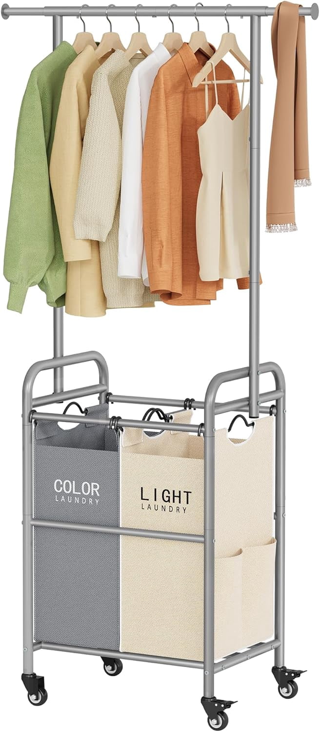 Laundry Sorter with Hanging Rack, 2 Section Rolling Laundry Hamper with Lockable Wheels and Removable Bag