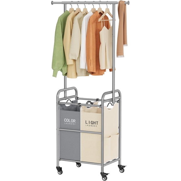 Laundry Sorter with Hanging Rack, 2 Section Rolling Laundry Hamper with Lockable Wheels and Removable Bag