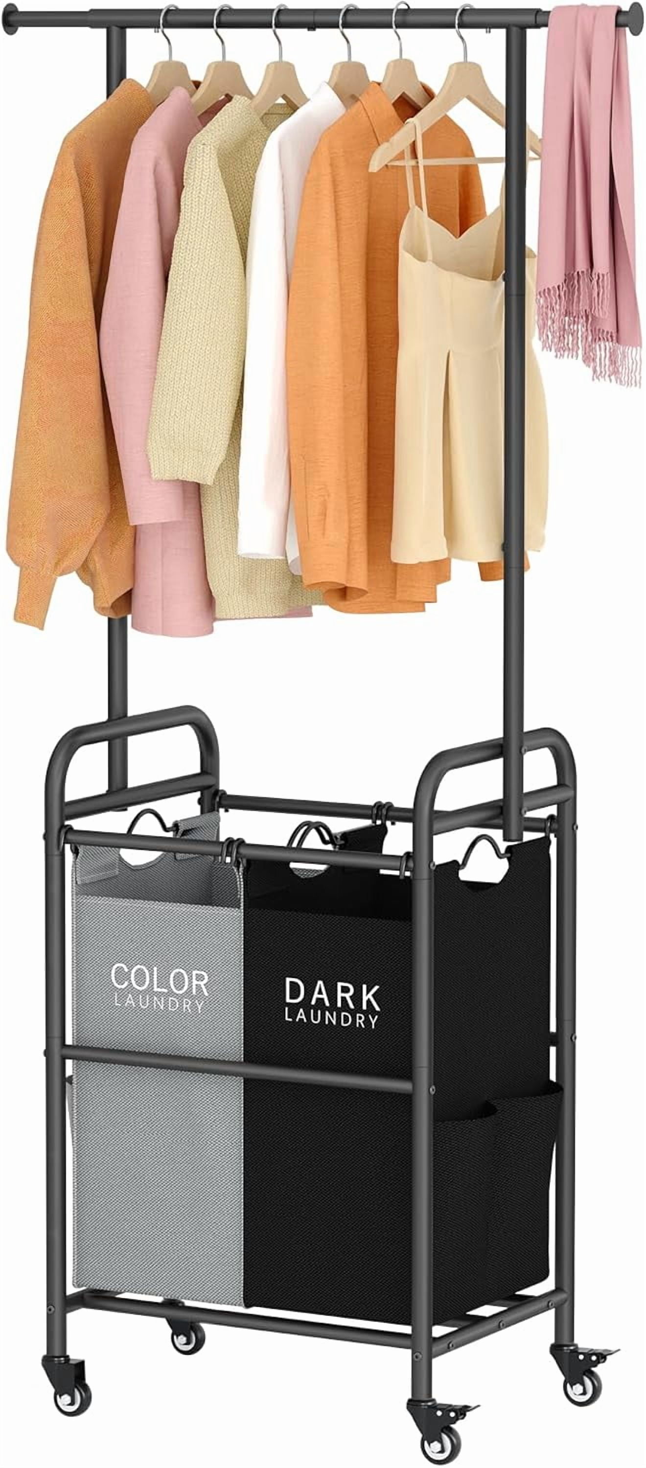 Laundry Sorter with Hanging Rack, 2 Section Rolling Laundry Hamper with Lockable Wheels and Removable Bag