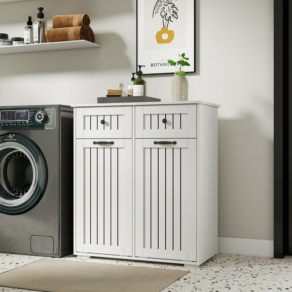 Laundry Sorting Cabinet with 2 Removable Baskets, Storage Organizer with 2 Drawers, White Laundry Hamper with Sorting Sections, Space-Saving Laundry Center for Home