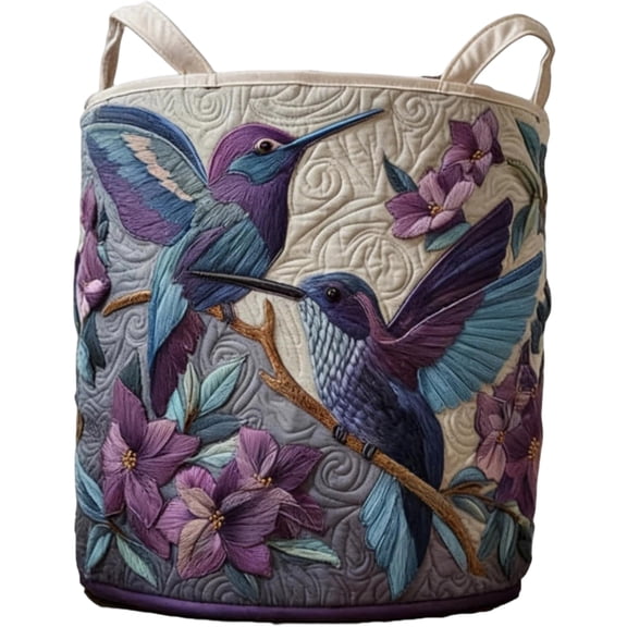 Laundry Storage Basket Quilted Polyester Bin with Dual Handles and Large Capacity for Towel and Clothes Storage in Bathroom, Hummingbird 14x18 Inch