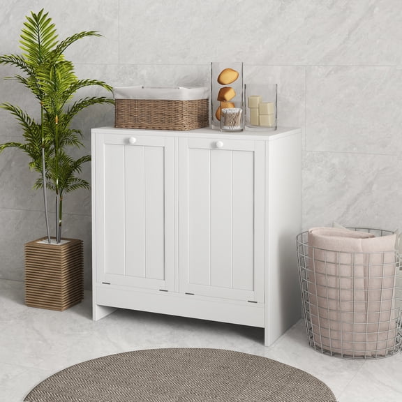 Laundry Storage Cabinet with 2 Tilt-Out Hampers, White Mdf and Particleboard Laundry Organizer with Anti-Tipping Design