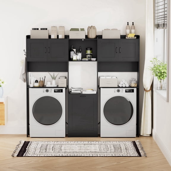 WARAYZ Laundry Storage Cabinet with Hamper, Over Washer and Dryer Storage Rack, Adjustable Shelves, Black Powder Coating