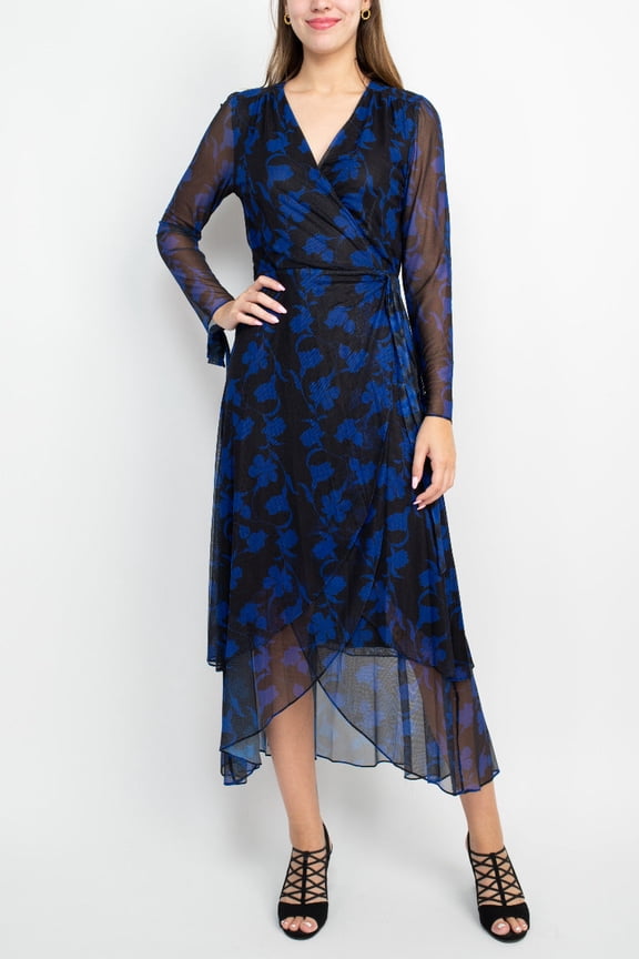 Laundry Surplice V- Neck Back Zipper Midi Draped Mesh Dress-BLACK AZURE / 4