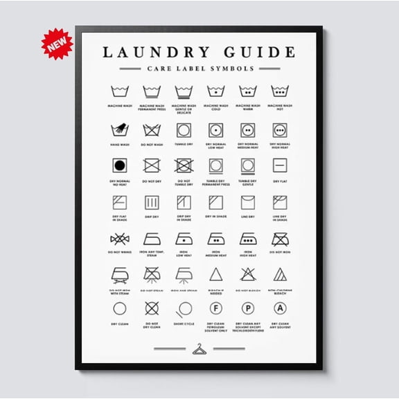 Laundry Symbols Guide Minimalist Fabric Care Chart Washing Drying Ironing Instructions Laundry Decorative Wall Art Poster , Poster Print Only