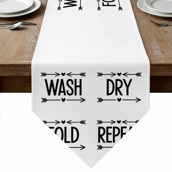 Laundry Table Runner Linen Burlap Table Runner 36 Inches Small Black Words Funny Wash Dry Fold Minimalist Dresser Scarves for Kitchen Island Coffee Dining Room Party Wedding Holiday Decor 13"x36"