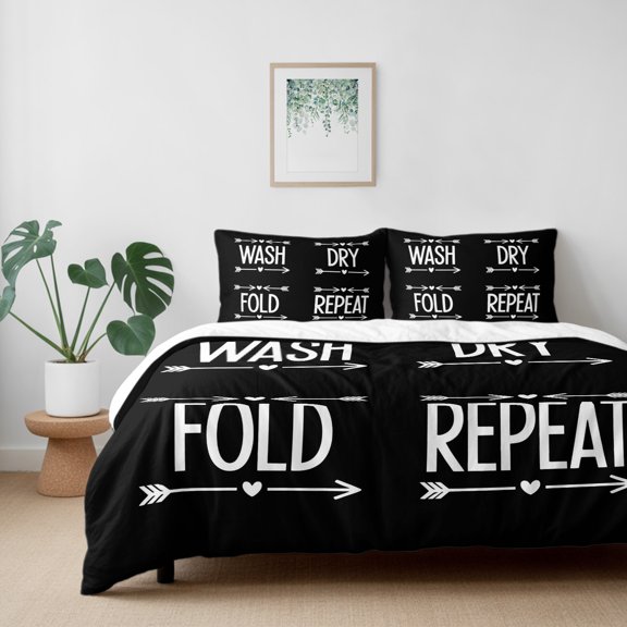 Laundry Text Arrows California King Size Bed Set,Black White Word Bedding for All Seasons,4 Pcs Bed Set with 1 Quiltcover (96"x104"),1 Sheet (110"x98"),2 Pillowcases (20"x36")