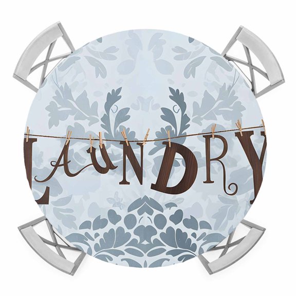 Laundry Theme Elastic Fitted Round Table Cover Blue Floral Pattern Vintage Waterproof Outdoor Tablecloth for Holiday Party, Picnic, Patio & Dining Fits Tables Up to 36"-44"