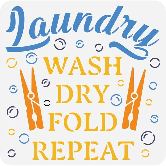 Laundry Theme Plastic Drawing Stencils Wash Dry Fold Repeat DIY Craft Reusable Templates for Painting on Scrapbook Fabric Floor Furniture Wood 12x12 colorful