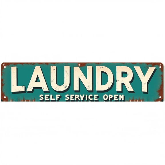 Laundry Tin Sign 16x4 Inch Laundry Self Service Open Design - Great for Laundry Room, Patio, Outdoor Decor