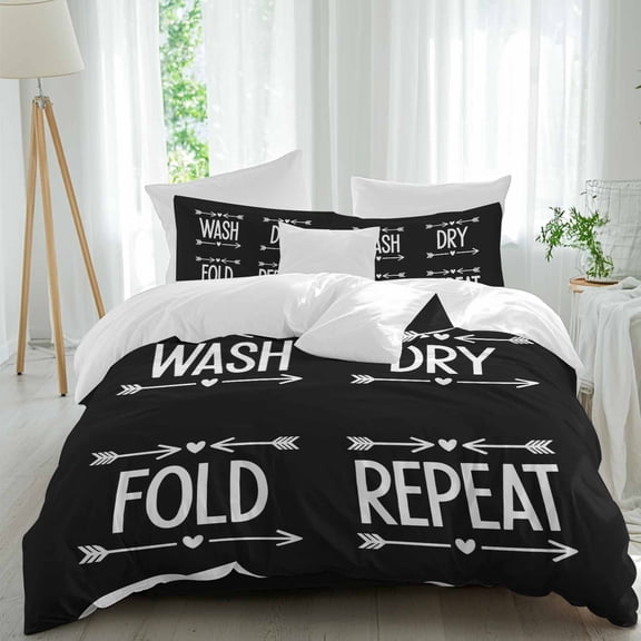 Laundry Twin Size Comforter Set, Wash Dry Fold Repeat Arrows Love Heart Black Bedding for All Seasons, 4 Pcs Bed Set, 1 Quiltcover (68"x86") ,1Sheet(67"x116"), 2Pillowcases (30"x20")