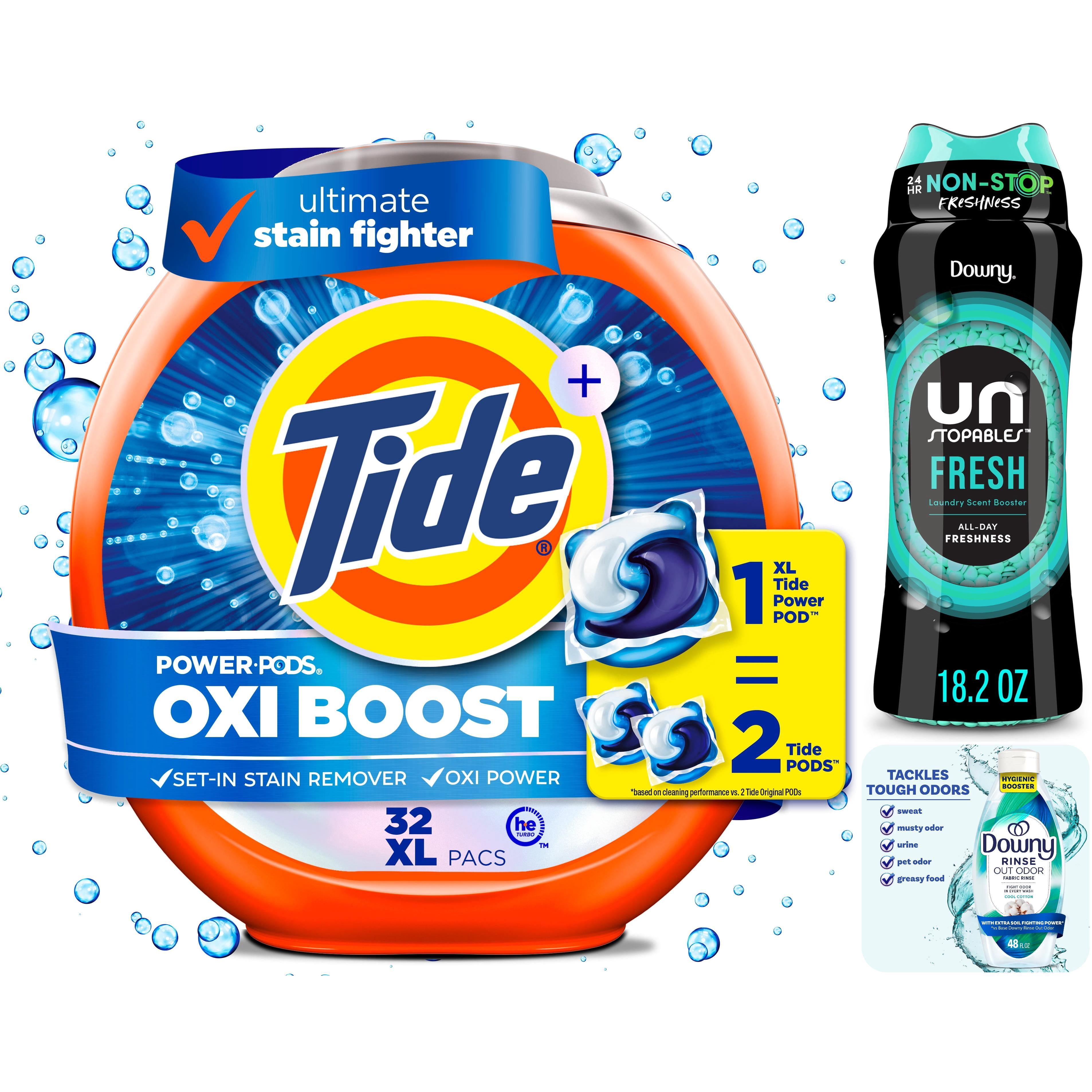 Laundry Ultimate Clean Bundle with Tide Oxi Boost Power PODs, Downy Laundry Beads, and Downy Rinse Out Odor Fabric Rinse