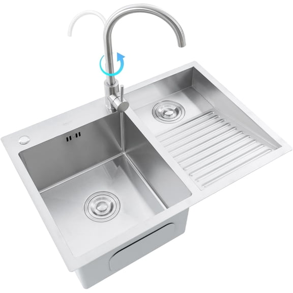 Laundry Utility Sink with Washboard & Faucet Stainless Steel Laundry Sink, 2 in 1 Household Pool Balcony Room Wash Basin Double-Bowl Sink, 27.5''18.9''8.6'' Bathroom Sinks
