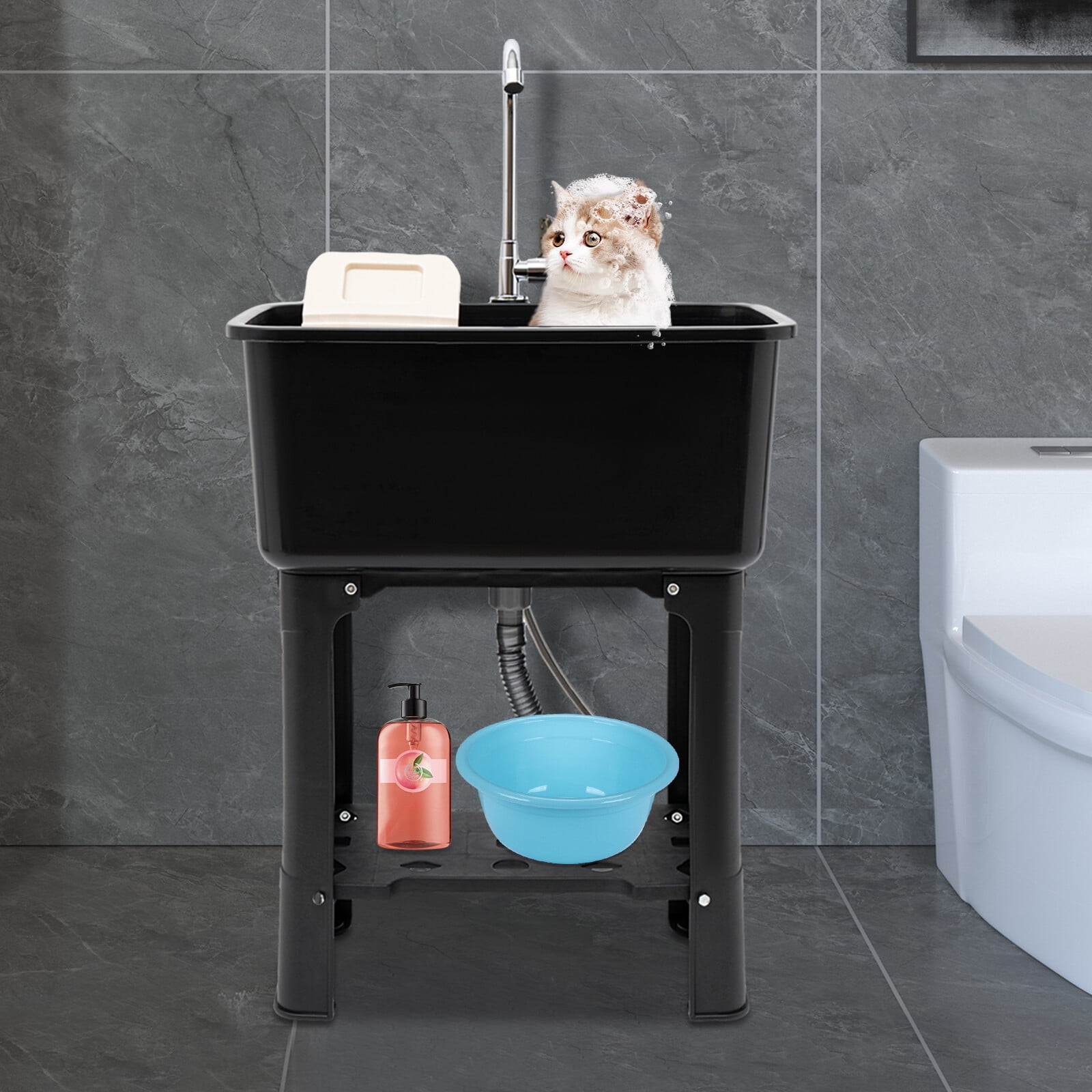 Laundry Utility Sink with Faucet Freestanding Plastic Sink with Storage Shelf Faucet Drain Kit