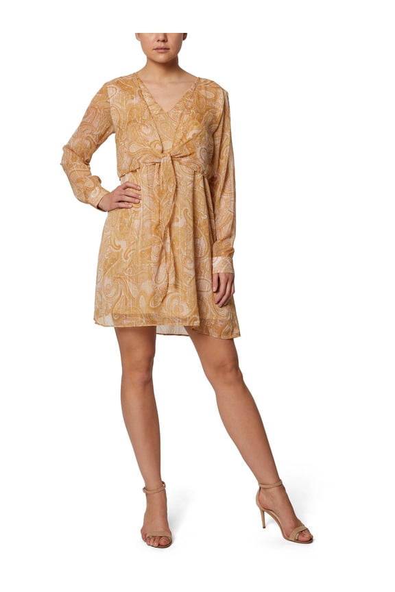 Laundry V-Neck Long Sleeve Tie Front Paisley Print Chiffon Dress-MULTI / 0