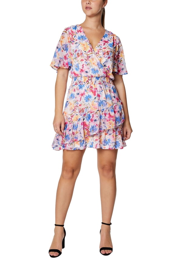 Laundry V-Neck Short Sleeve Elastic Waist Asymmetrical Tiered Floral Print Linen Dress by Curated Brands