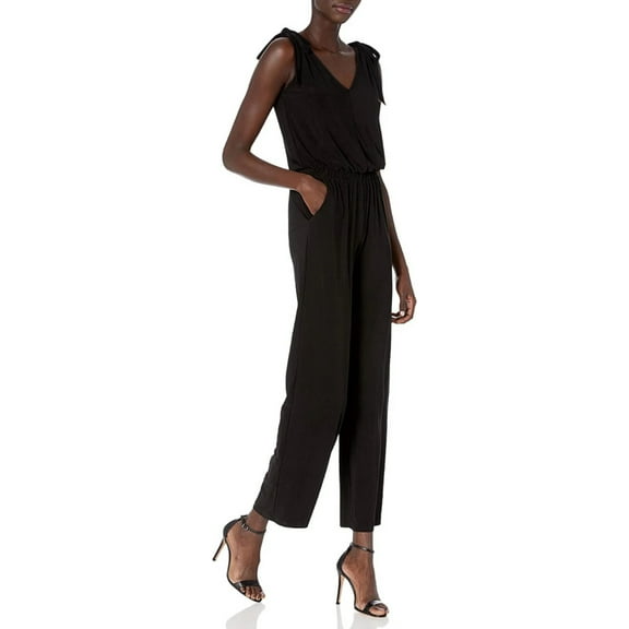Laundry V-Neck Tie Shoulder Blouson Elastic Waist Solid Jumpsuit by Curated Brands