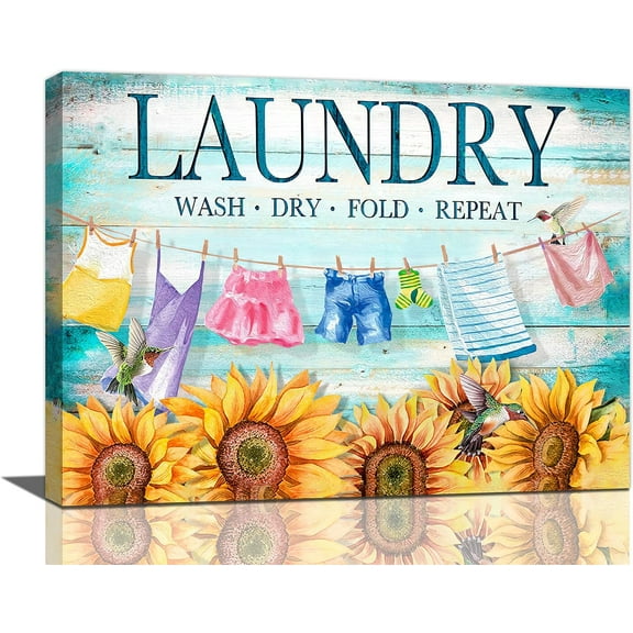 Laundry Wall Art Farmhouse Sunflower Pictures Wall Decor Laundry Room Canvas Painting Bathroom Framed Artwork (laundry room, 12"x16")