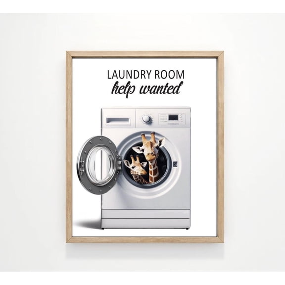 Laundry Wall Art, Giraffes in Washing Machine Laundry Room Help Wanted Wall Decor, Poster, Laundry Animal Art by Lettered & Lined Unframed Paper Print