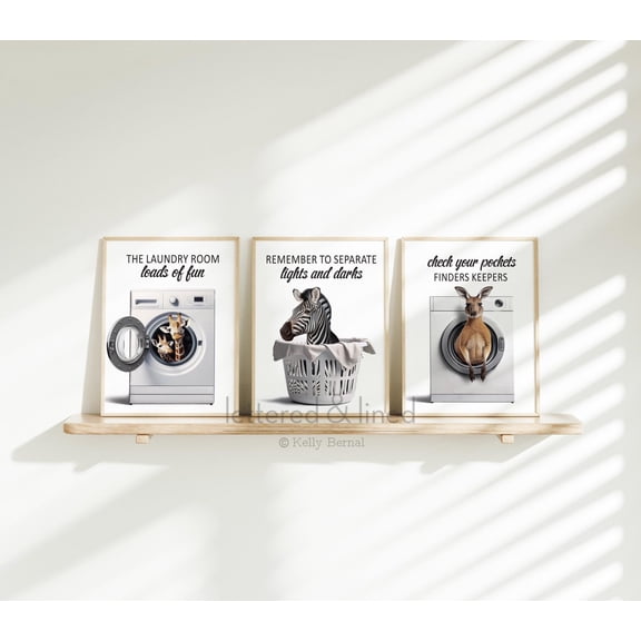 Laundry Wall Art Wild Animals Washing Machine Basket 3 Giraffe Zebra Kangaroo Decor Poster, Original Art by Lettered & Lined Printed Poster, Poster Only