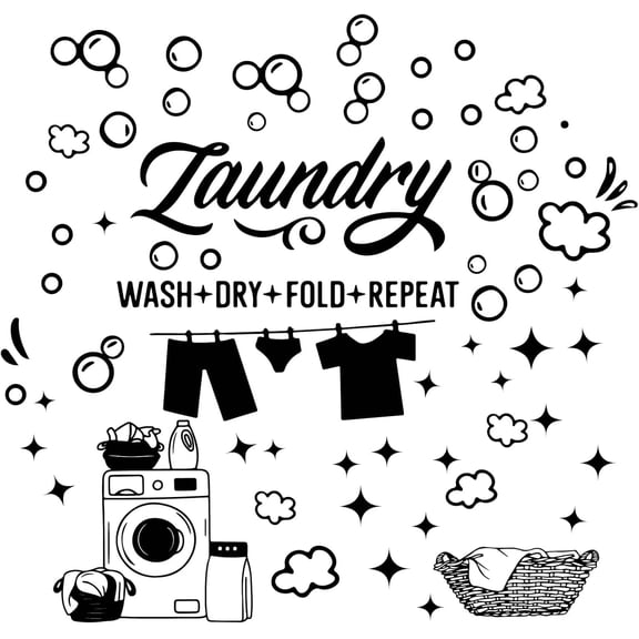 Laundry Wall Decor Stickers Laundry Room Decals Decor Wall Art Quote Wash Dry Fold Repeat Stickers Black Laundry Signs Vinyl Sticker