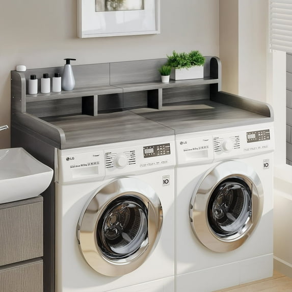 Laundry Wood Shelf Topper with Double Layer Organizer for Hamper Counter Storage Gray and White