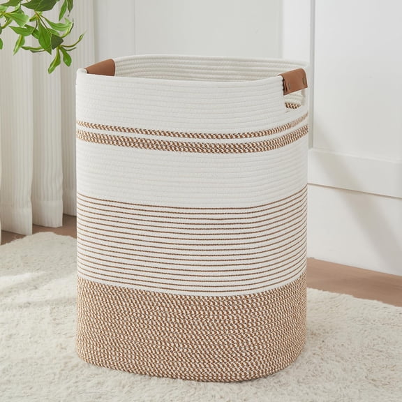 Laundry basket with handle-beautiful blanket basket and basket for bedroom, laundry basket and blanket storage for living room, clothes basket, high, large 17 "x 14" x 22 ", brown and white