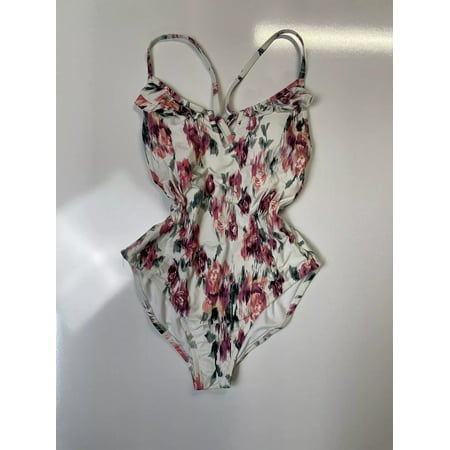 Laundry by Shelli Segal CREAM FLORAL Ruffle V Neck 1-Pc Swimsuit, Med, NWOT