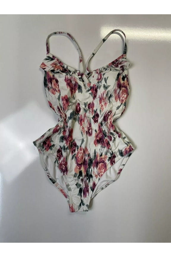CREAM FLORAL Ruffle V Neck 1-Pc Swimsuit, Med, NWOT
