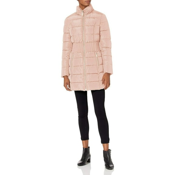 Laundry by Shelli Segal Women's 3/4 Puffer with Zig Zag Cinched Waist and Faux Fur Trim Hood, Dusty Pink, Extra Large