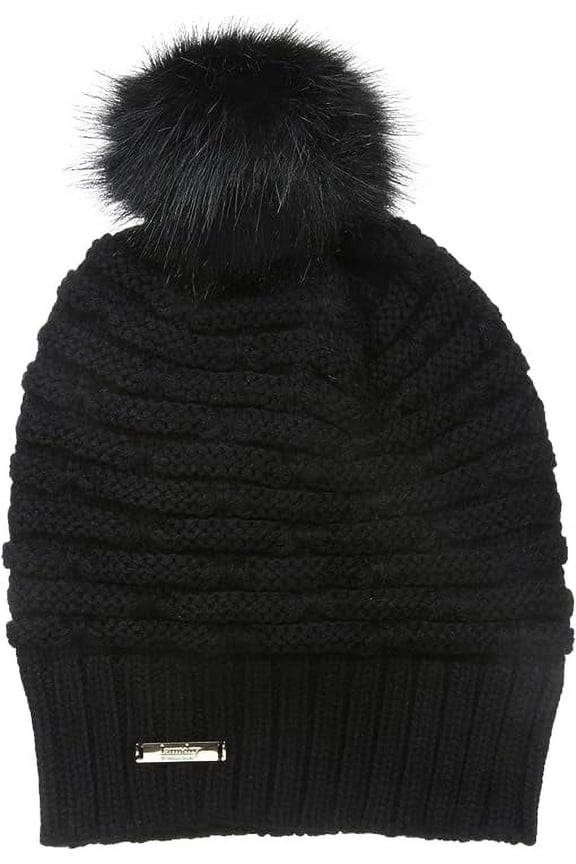 by Shelli Segal Women's Black Warm Cozy Beanie Hat with Faux Fur Pom Pom
