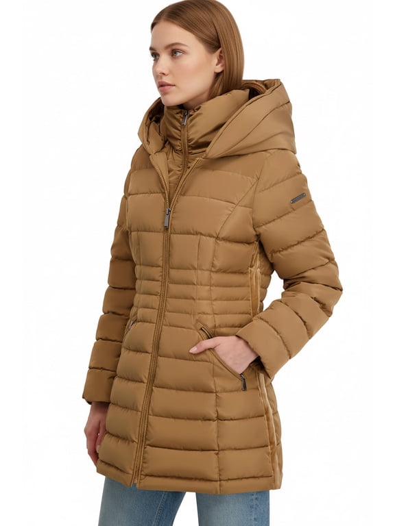 Women's Puffer Coat– Mid-length Fit & Flare Jacket (Toffee, XS)