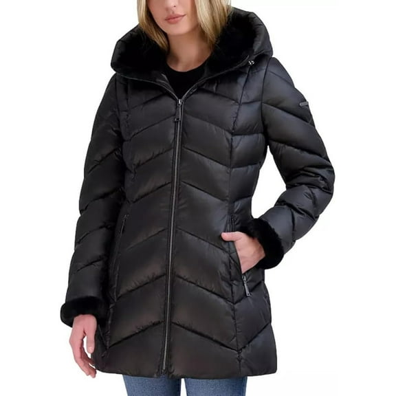 Laundry by Shelli Segal Women's Shine Faux-Fur-Lined Hooded Puffer Coat (Black, XL)