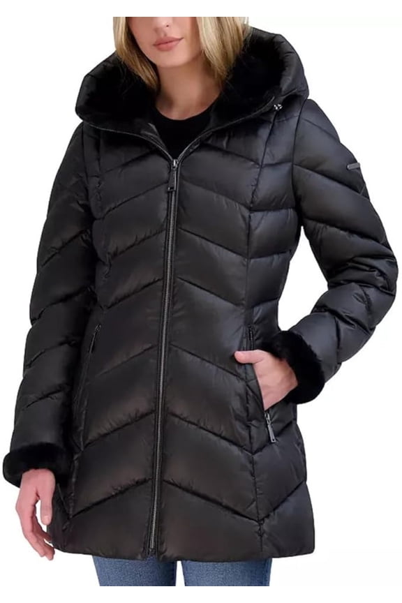 Women's Shine Faux-Fur-Lined Hooded Puffer Coat (Black, XL)