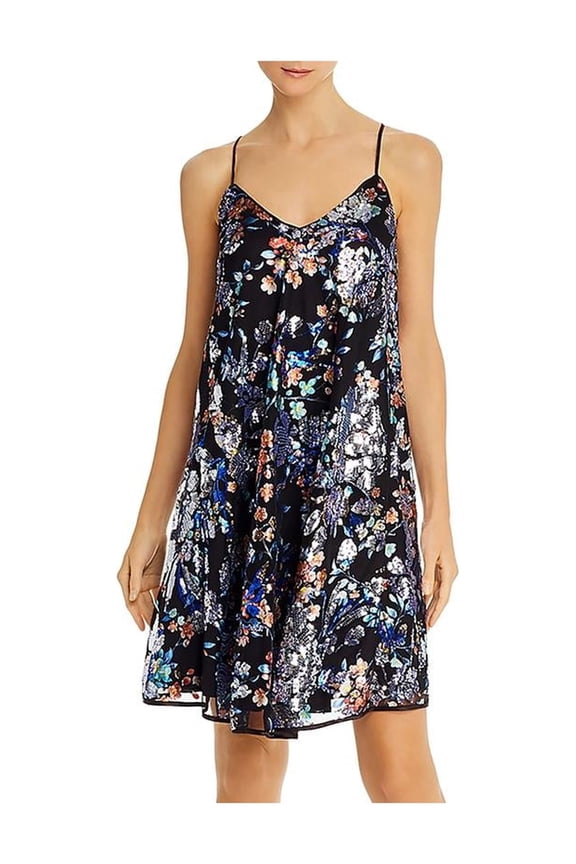 Womens Sequined Floral Print Shift Dress Black 6