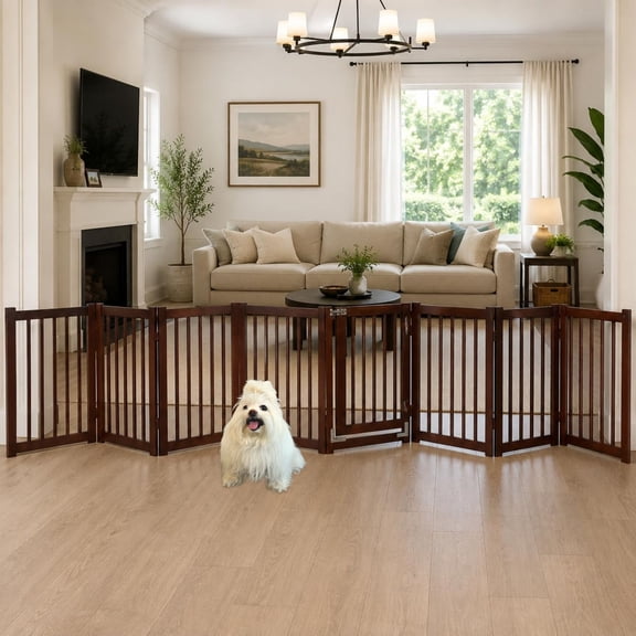 Launx Wooden Pet Gate with Lockable Dog Door, Expands to 142" Wide