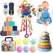 Lauon Baby Toys for 6 to 12 Months, 5 in 1 Montessori Toys for Babies, Sensory Toys for Toddlers 1-3,Pull String Toys, Stacking Blocks, Sensory Shapes & Teething Simulation Remote Control
