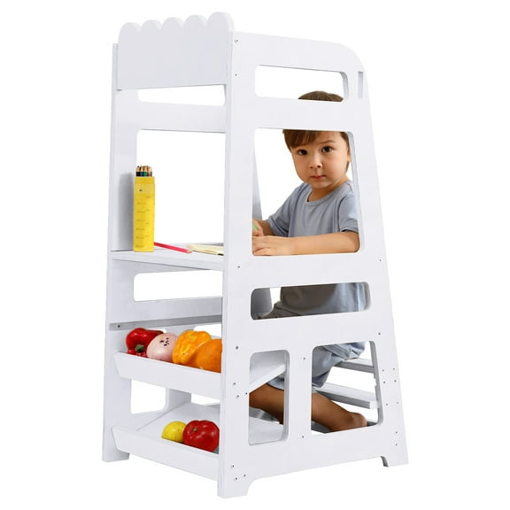 Lauon Step Stools for Kids, Adjustable Height Toddler Montessori Wooden Tower - Safe Anti-Drop Kitchen Stool Helper, Standing Tower for Bathroom & Counter(White)