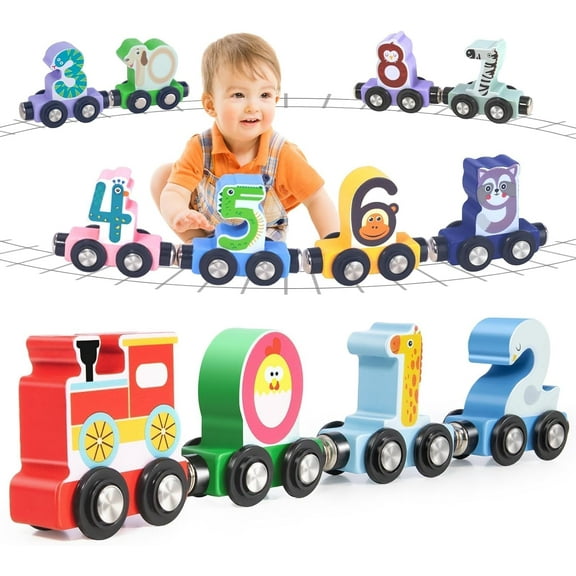 Lauon Toys for Toddlers, 12pc Wooden Magnetic Train Track Set with Animal and Digital Designs for Toddlers, Montessori Educational Toy for 2 3 4 5 Year Olds Boys and Girls