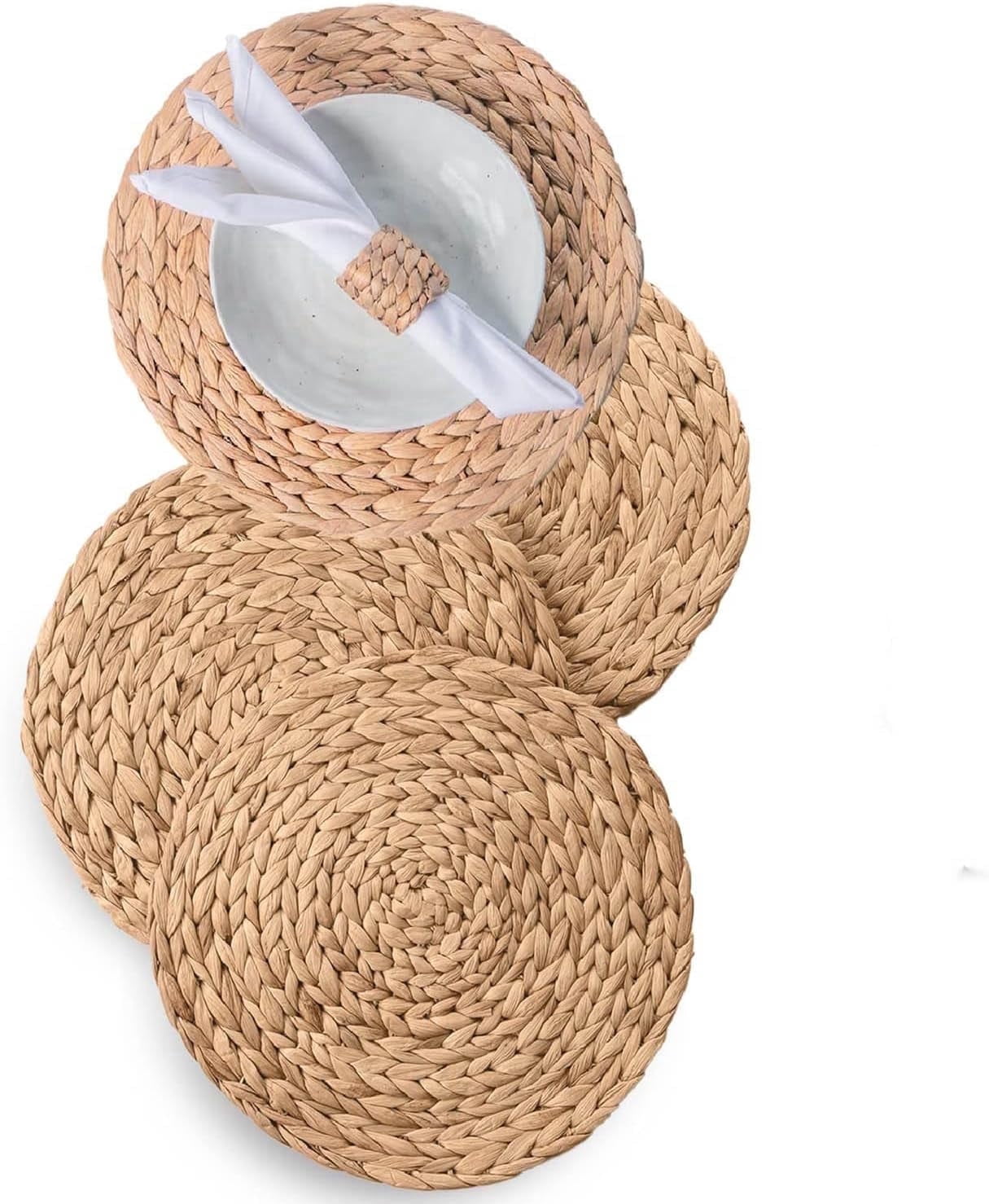 Laquedecraft 13.8" Round Woven Rattan Water Hyacinth Placemats Set of 4 Table Mats | Farmhouse Spring Plate Chargers