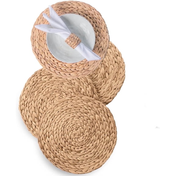 Laquedecraft 13.8" Round Woven Rattan Water Hyacinth Placemats Set of 4 Table Mats | Farmhouse Spring Plate Chargers