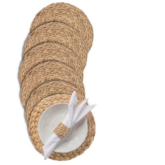Laquedecraft 13.8" Round Water Hyacinth Placemats Set of 6 | Boho Rattan Woven Table Mats | Farmhouse Spring Plate Chargers | Table Wicker Place Mat Like Corn Husk, Seagrass