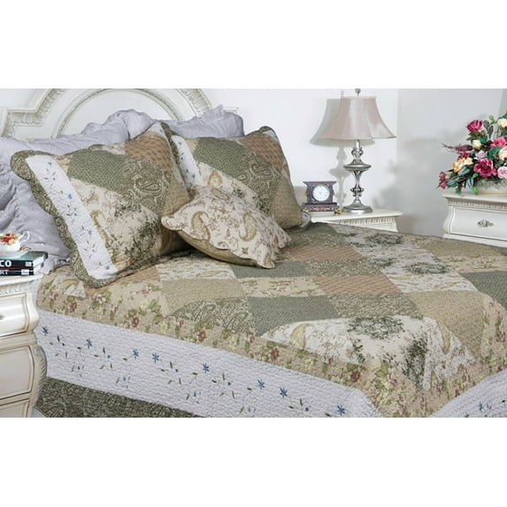 Laura 100% Cotton 2PC Floral Vermicelli-Quilted Embroidered Patchwork Quilt Set (Twin Size)