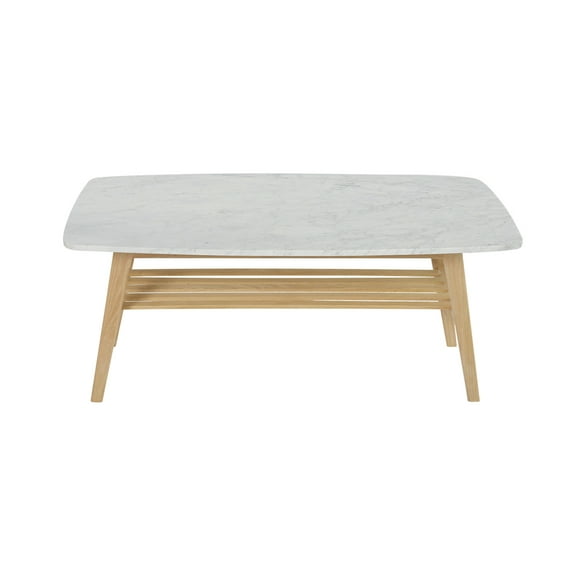 Bianco Collection Laura 43" Italian Marble Coffee Table in White with Oak shelf