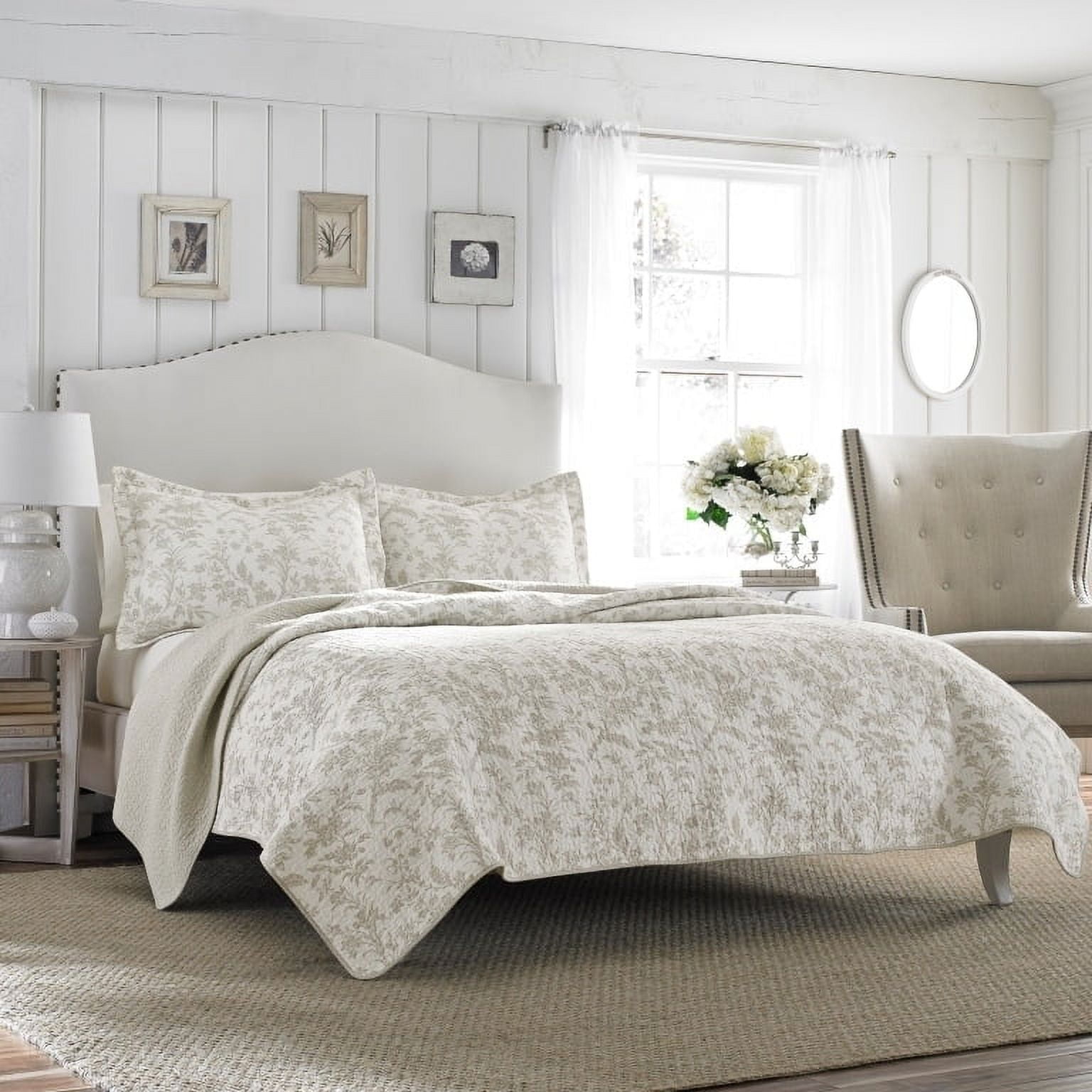 Beige Cotton Reversible Full Quilt Set with Trim