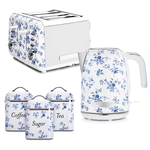 Laura Ashley China Rose Kitchen Set - 1.7L Jug Kettle, 4 Slice Toaster & 3 Piece Canister Set Bundle