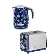 Laura Ashley Navy Floral Kettle and Toaster Set, Elveden Navy 1.7 Liter Cordless Electric Tea Kettle with 2 Slice Wide Slot Toaster, Stainless Steel