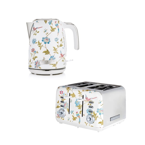 Laura Ashley Elveden White Electric Kettle and 4-Slice Toaster Set, White Floral 1.7L Cordless Tea Kettle and Extra-Wide Slot Toaster with Warming Rack, Stainless Steel