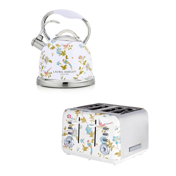 Laura Ashley Elveden White Floral Tea Kettle and Toaster Set, 2.5-Quart Whistling Stainless Steel Stovetop Kettle and 4-Slice Extra-Wide Slot Toaster