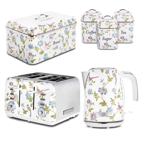 Laura Ashley Elveden White Kitchen Set - 1.7L Jug Kettle, 4 Slice Toaster, Bread Bin & 3 Piece Canister Set Bundle